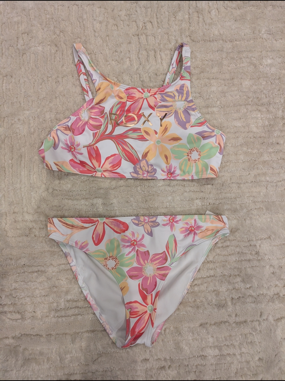 Roxy Tropical Floral Bikini Set with Gold Logo Accent Girls Size 14 NWOT